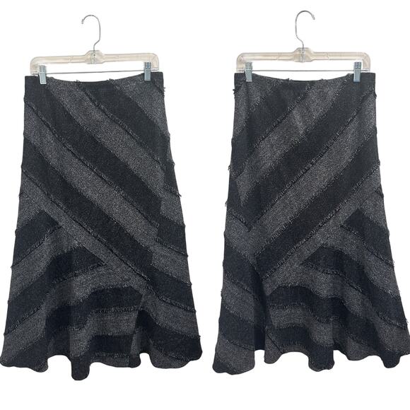 INSIGHT Vintage 1990s Gray Black Diagonal Patchwork Fringe Midi Skirt Fairy Boho - Picture 1 of 9